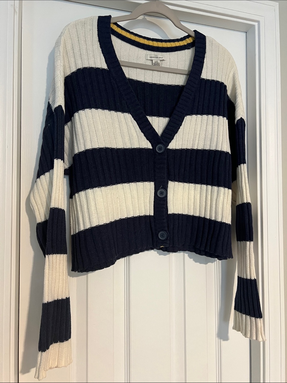American Eagle Outfitters Navy and Cream Striped Ribbed Button Cardigan